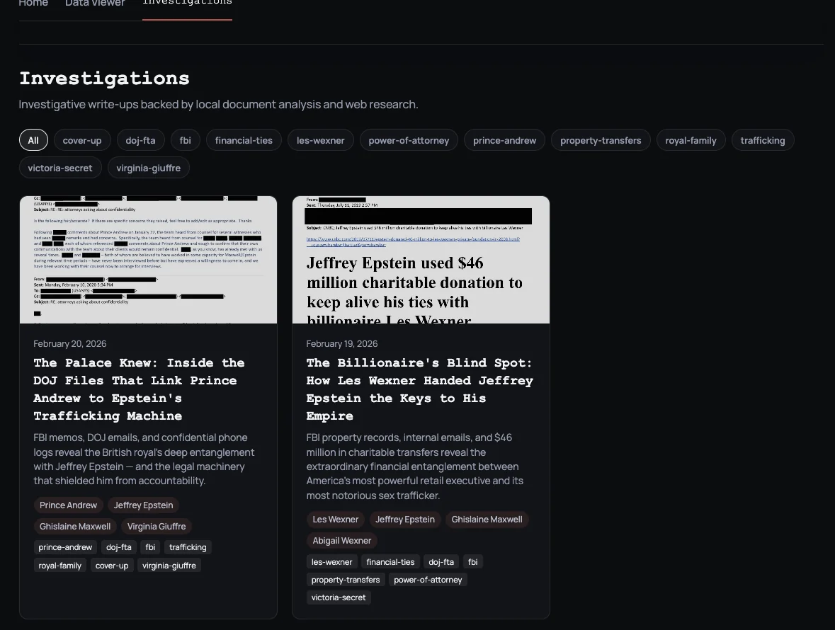 Preview of the Investigations page