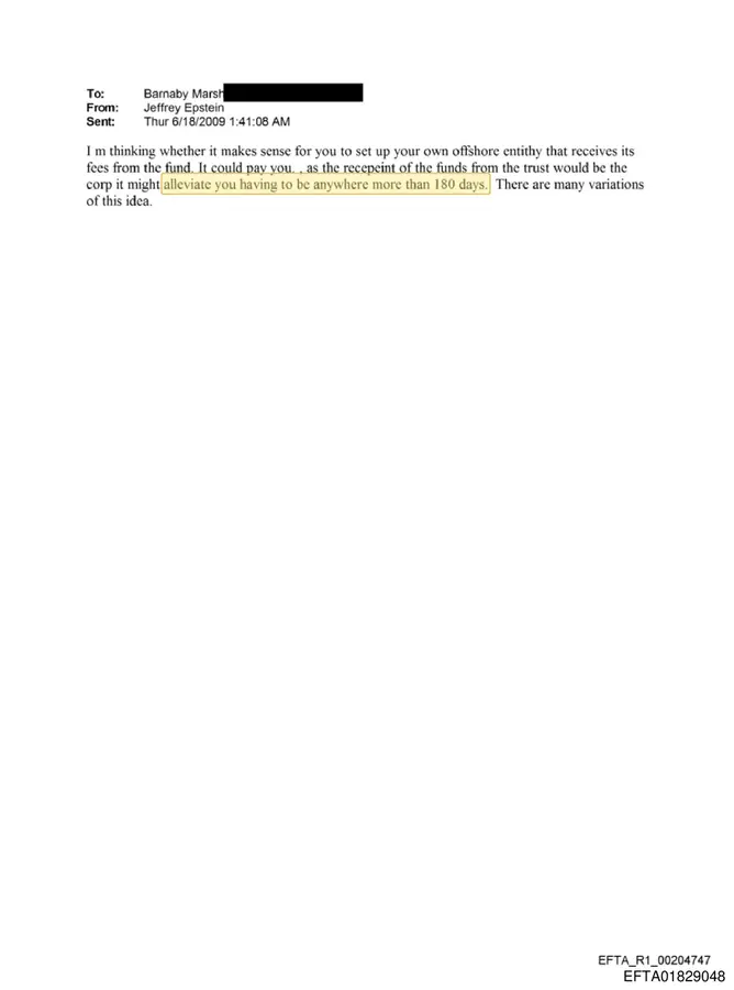 June 18, 2009 email from Jeffrey Epstein to Barnaby Marsh highlighting the 180-day offshore-entity line