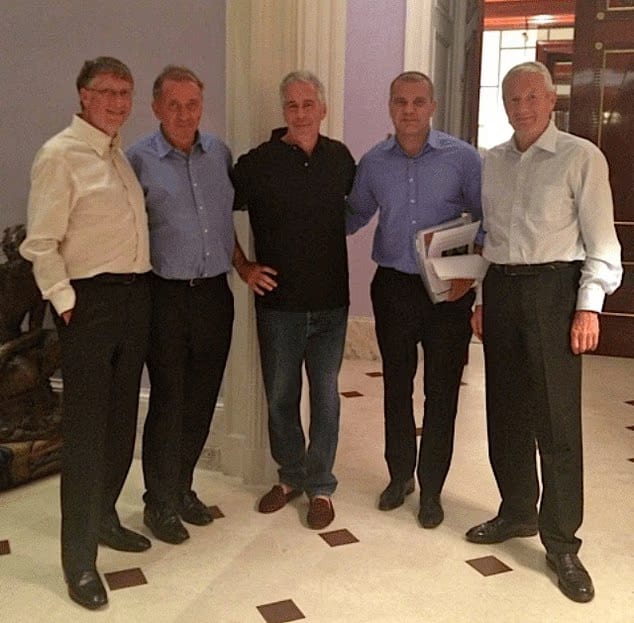 Group photo showing Bill Gates, Terje Rod-Larsen, Jeffrey Epstein, Boris Nikolic, and Thorbjorn Jagland