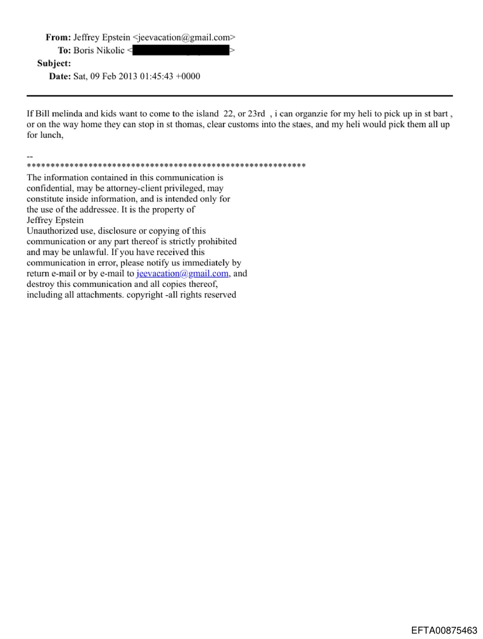 Email discussing helicopter pickup logistics for Bill Melinda and kids