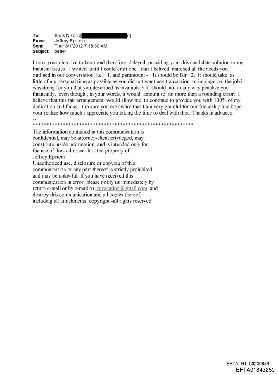 Email discussing a candidate solution to financial issues and continuing work