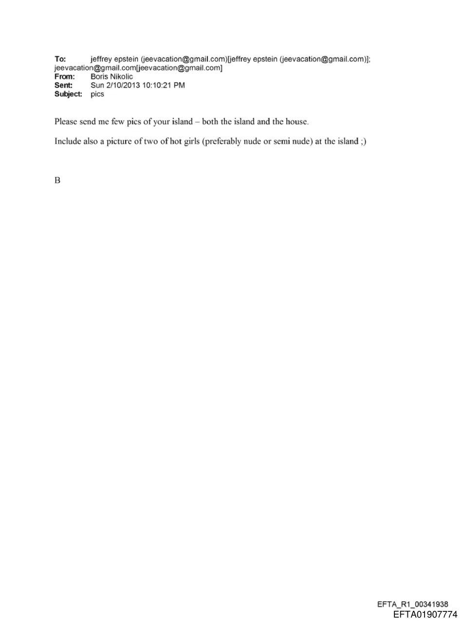 Email from Boris Nikolic requesting photos of hot girls at Epstein's island
