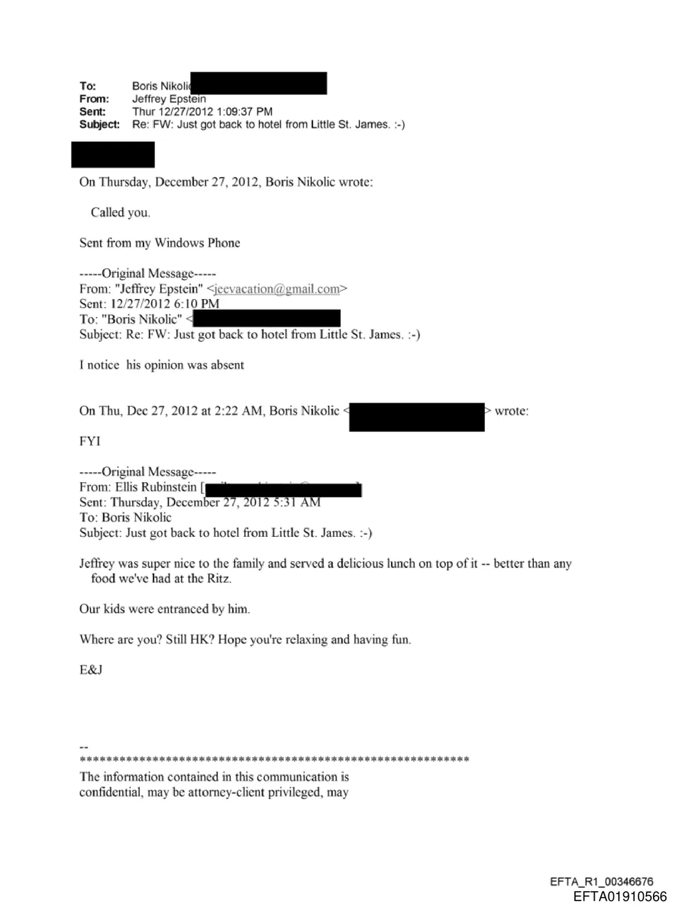 Email chain noting kids were entranced by Epstein after family lunch