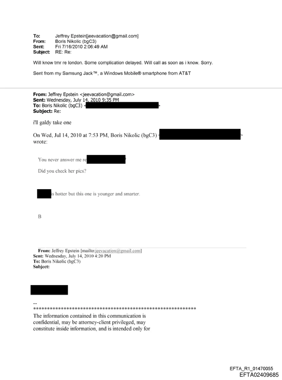 Email chain containing Did you check her pics and younger and smarter phrasing