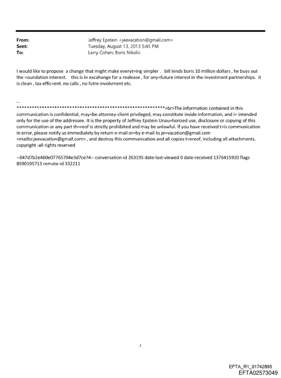 Email proposing a 10 million dollar loan to Boris Nikolic