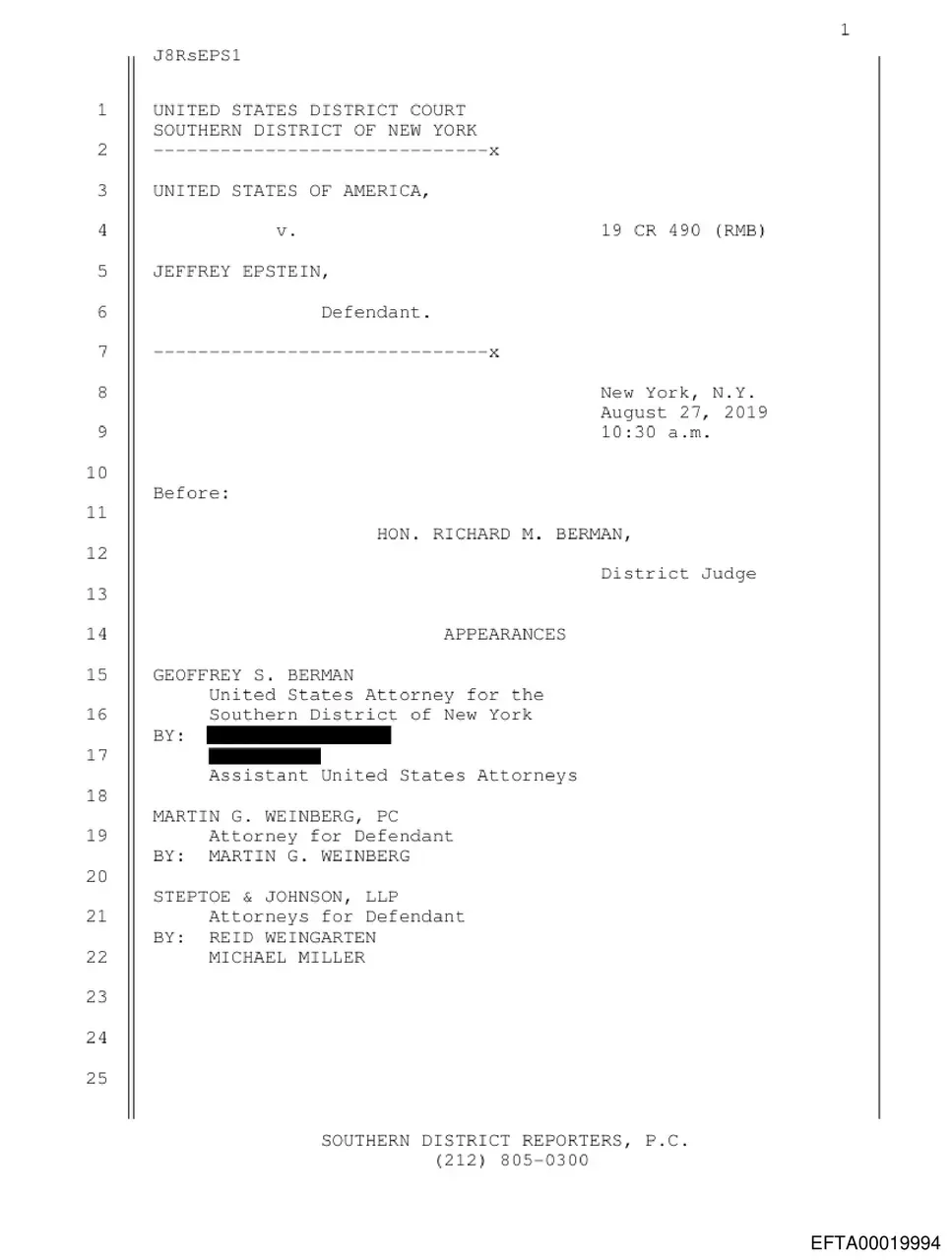 First page of Southern District of New York court transcript from victim hearing August 27, 2019