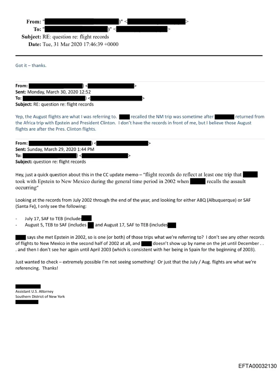 Email chain between SDNY prosecutors discussing Epstein flight records and Clinton Africa trip