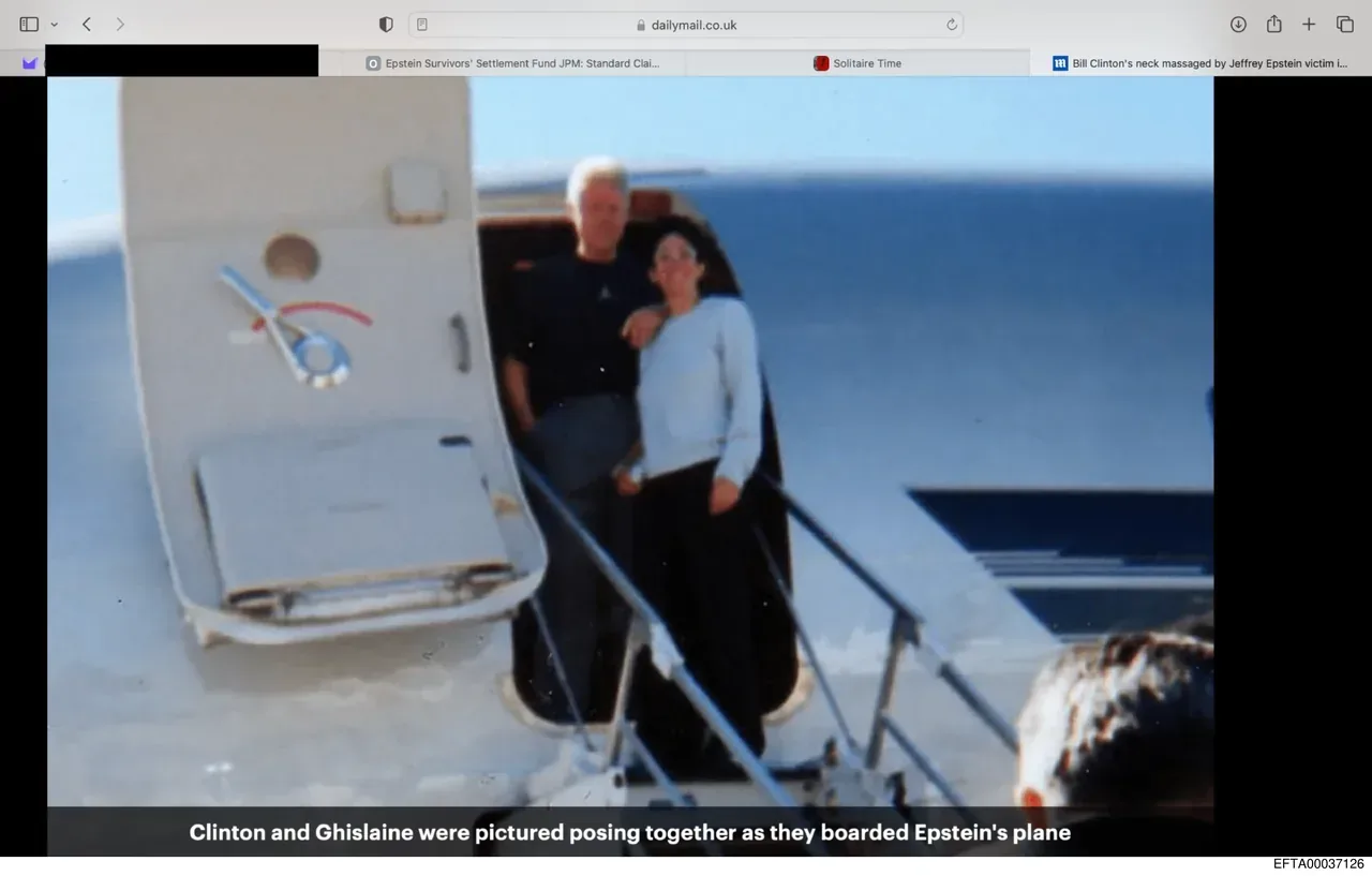 Bill Clinton and Ghislaine Maxwell posing together as they board Jeffrey Epstein's private plane