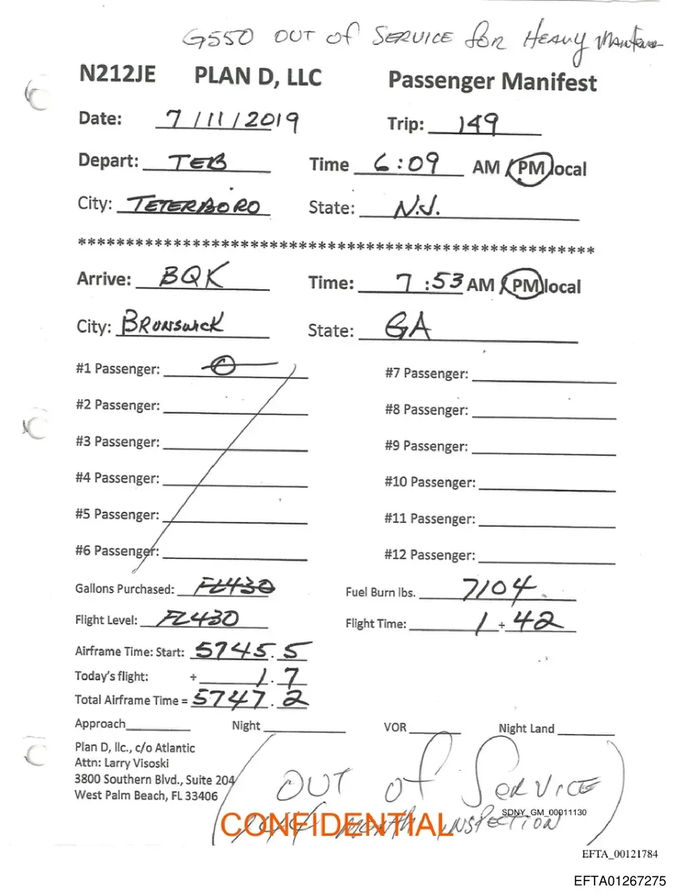 Passenger manifest for Epstein aircraft N212JE registered to Plan D LLC showing flight from Teterboro NJ
