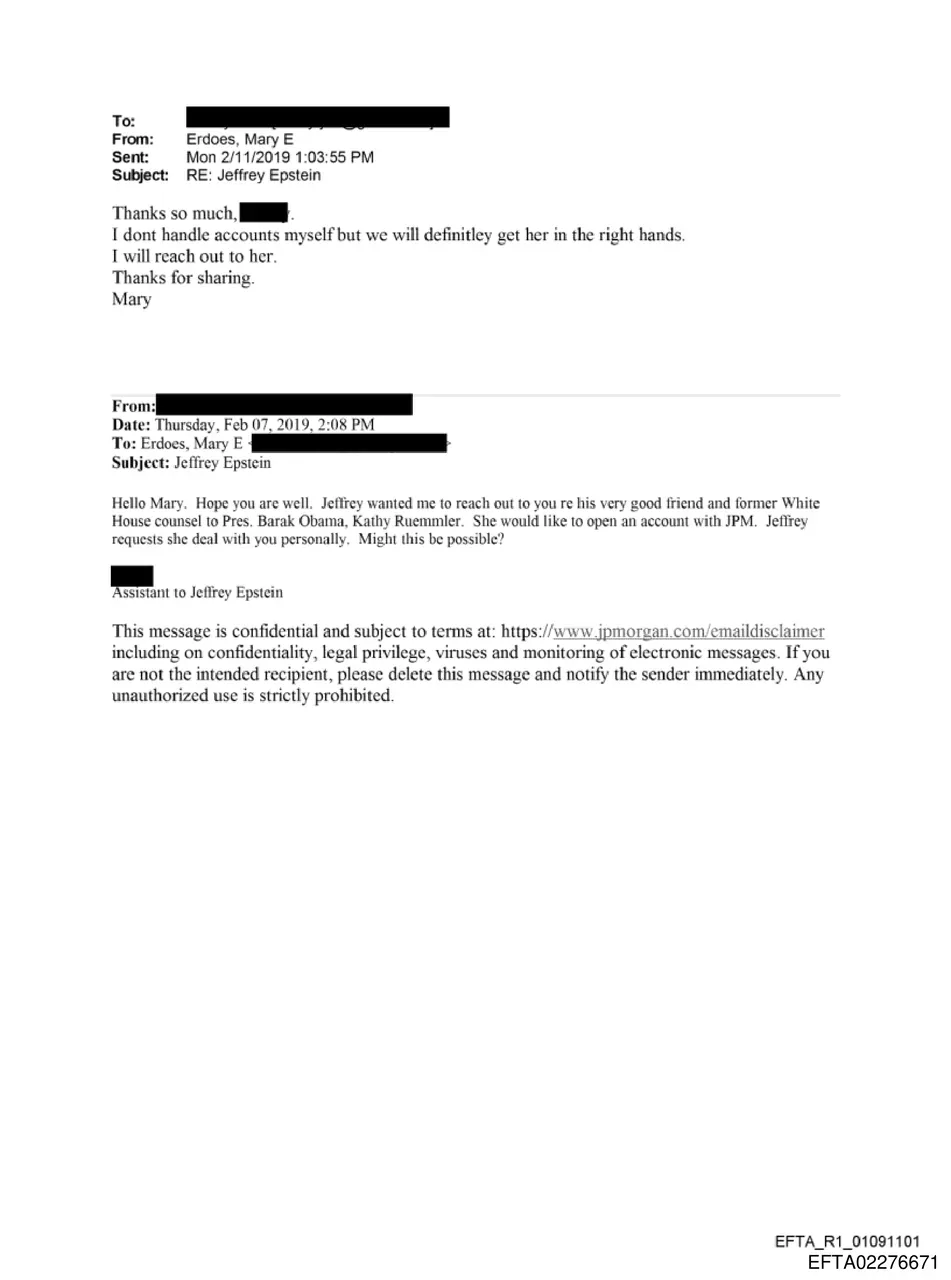 Email from Epstein's assistant to Mary Erdoes at JPMorgan requesting an account for Kathy Ruemmler, described as Epstein's 'very good friend and former White House counsel to Pres. Barak Obama'