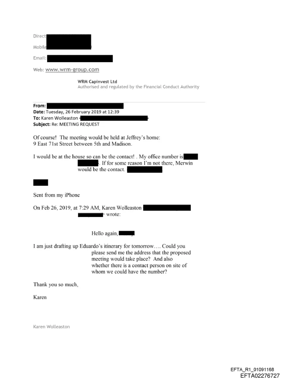Email from WRM Group arranging meeting between Eduardo and Paolo and Jeffrey Epstein at 9 East 71st Street in February 2019