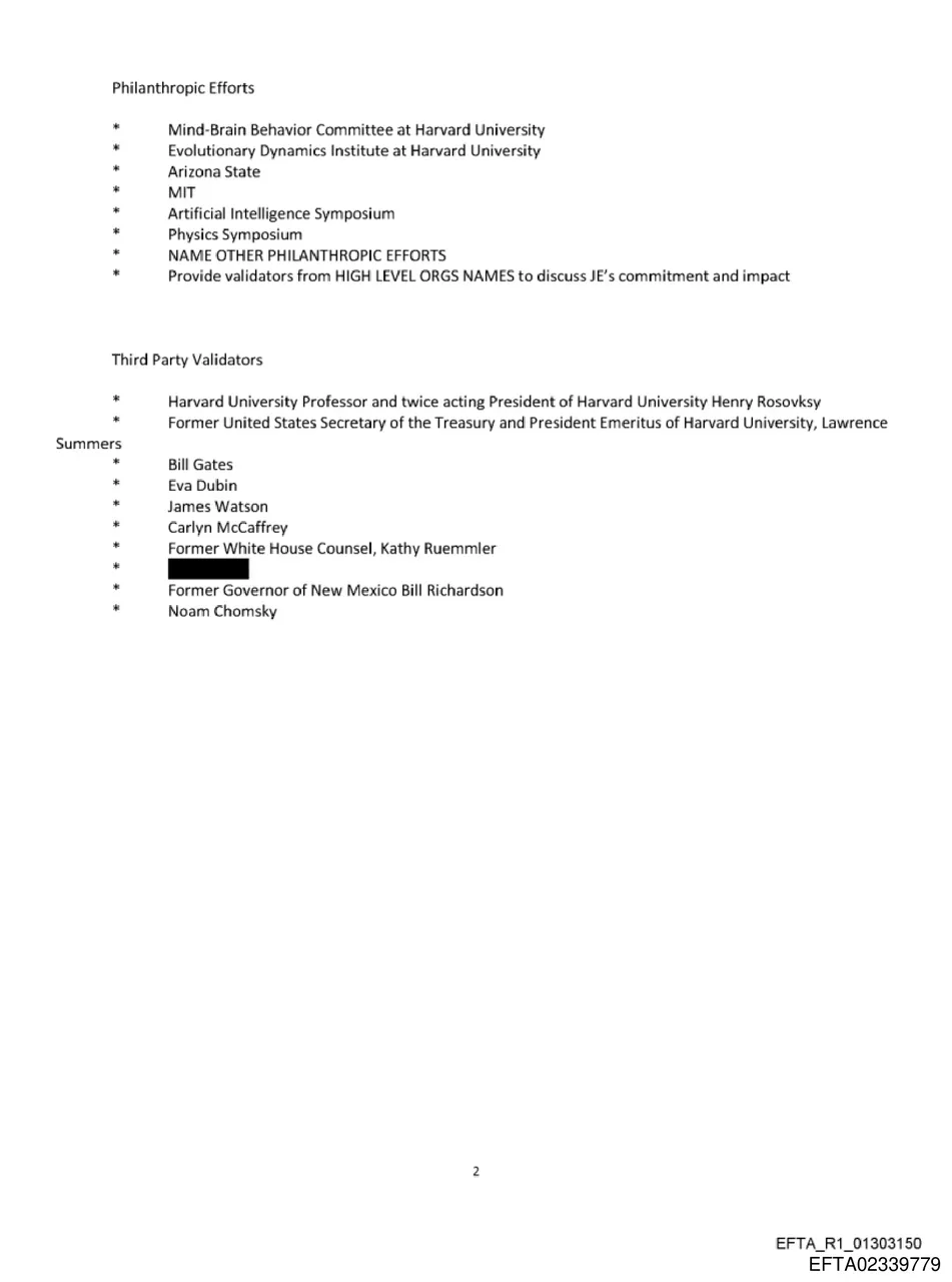 Page 2 of Hiltzik PR strategy memo listing 'Third Party Validators' including Lawrence Summers, Bill Gates, Kathy Ruemmler, and Bill Richardson