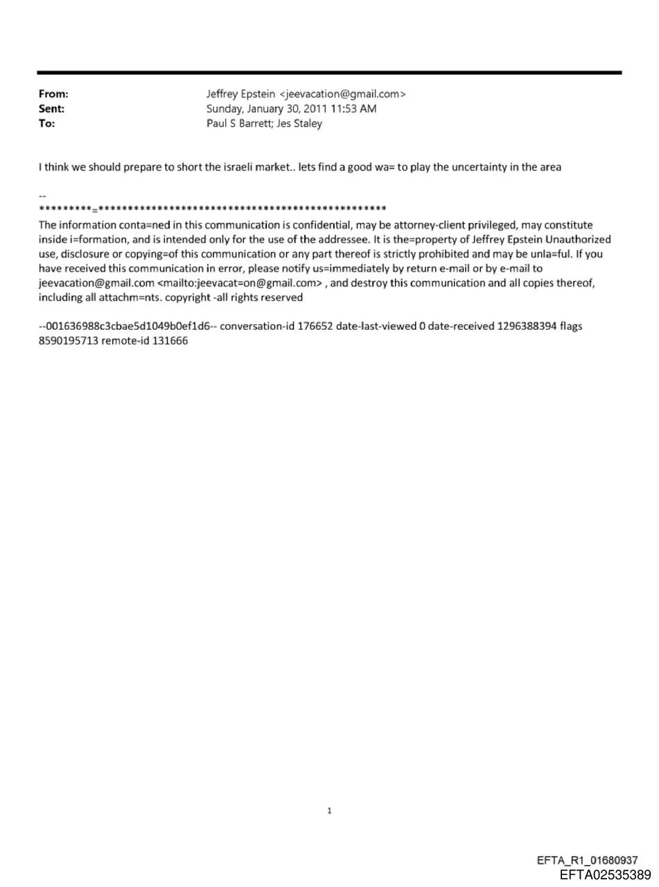 Email from Jeffrey Epstein to Paul S Barrett and Jes Staley on January 30, 2011, stating 'I think we should prepare to short the Israeli market'