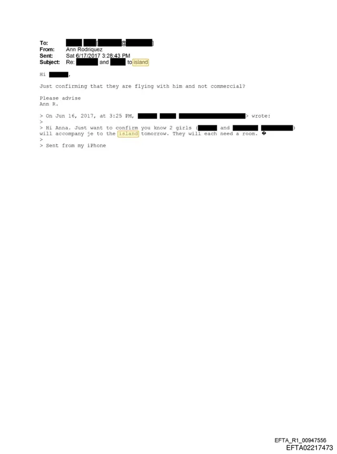 June 17, 2017 email from Ann Rodriguez confirming flight arrangements for two girls accompanying Epstein to the island