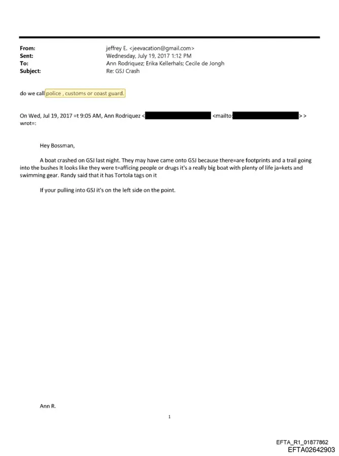 July 19, 2017 email showing Ann Rodriguez reporting a boat crash with suspected trafficking on Great St. James, and Epstein's reply asking whether to call police