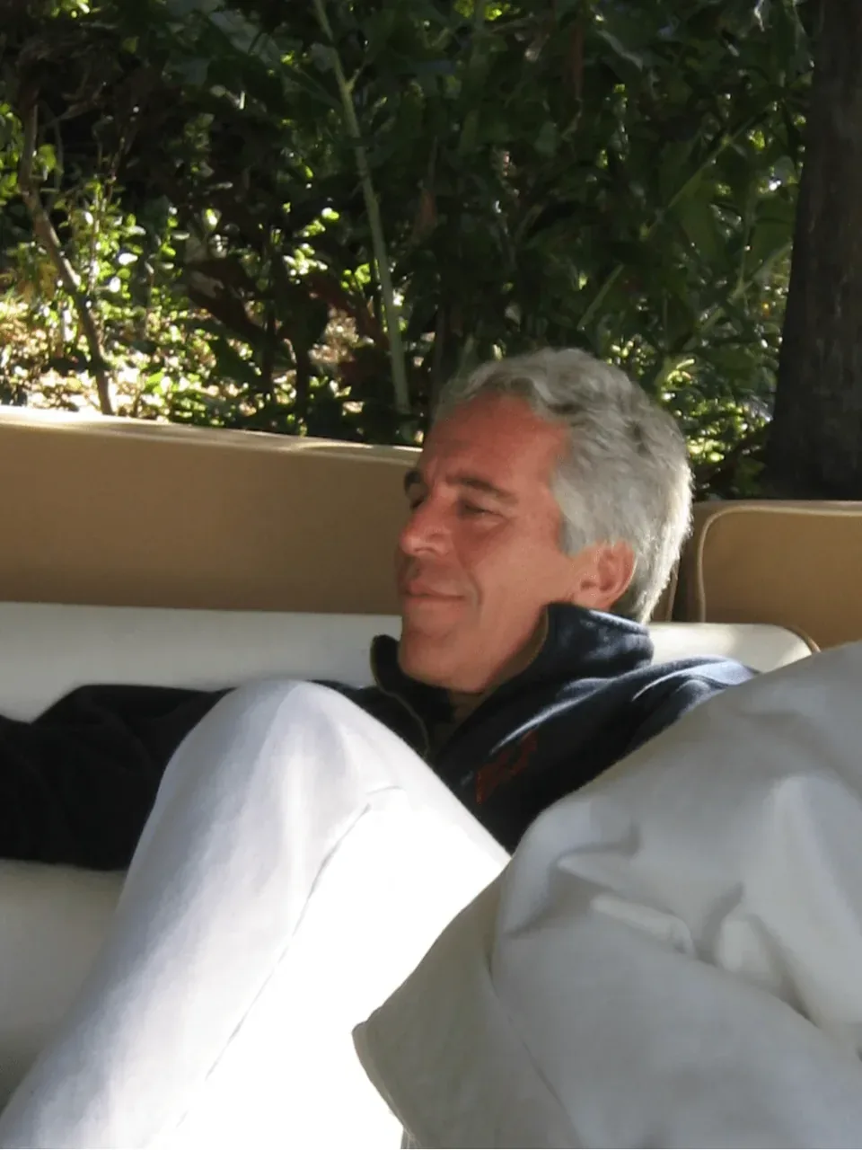 Jeffrey Epstein lounging outdoors in an image extracted from DOJ file EFTA00003550.