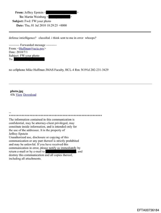 Email from Jeffrey Epstein to Martin Weinberg forwarding a message from Huffman@ucia.gov at the Joint Military Attaché School, with Epstein noting 'defense intelligence? classified'