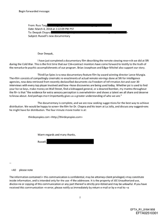 Email from Russell Targ to Deepak Chopra about CIA remote viewing documentary, forwarded to Epstein