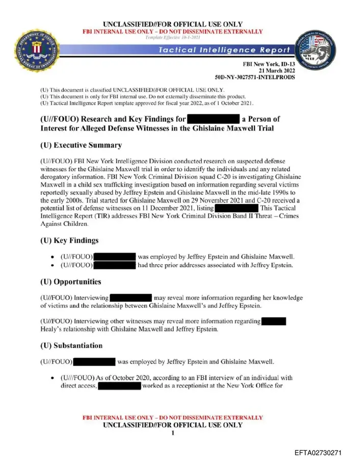 FBI Tactical Intelligence Report on Ghislaine Maxwell trial defense witnesses, March 2022, classified UNCLASSIFIED//FOR OFFICIAL USE ONLY