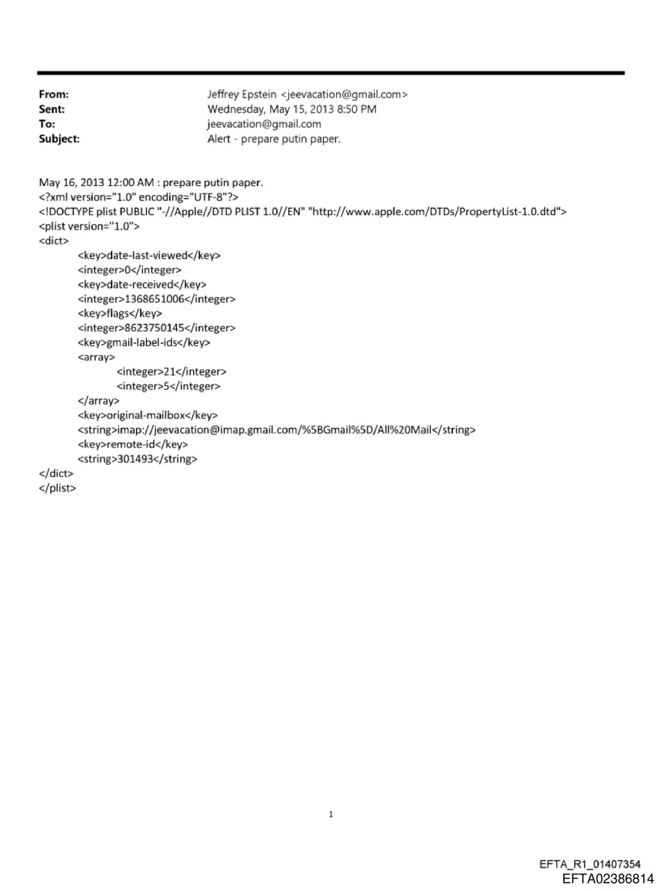 DOJ document page showing an email subject line 'Alert - prepare putin paper'