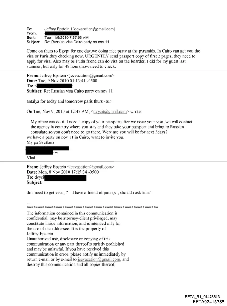 Email chain discussing Russian visa and reference to a friend of Putin
