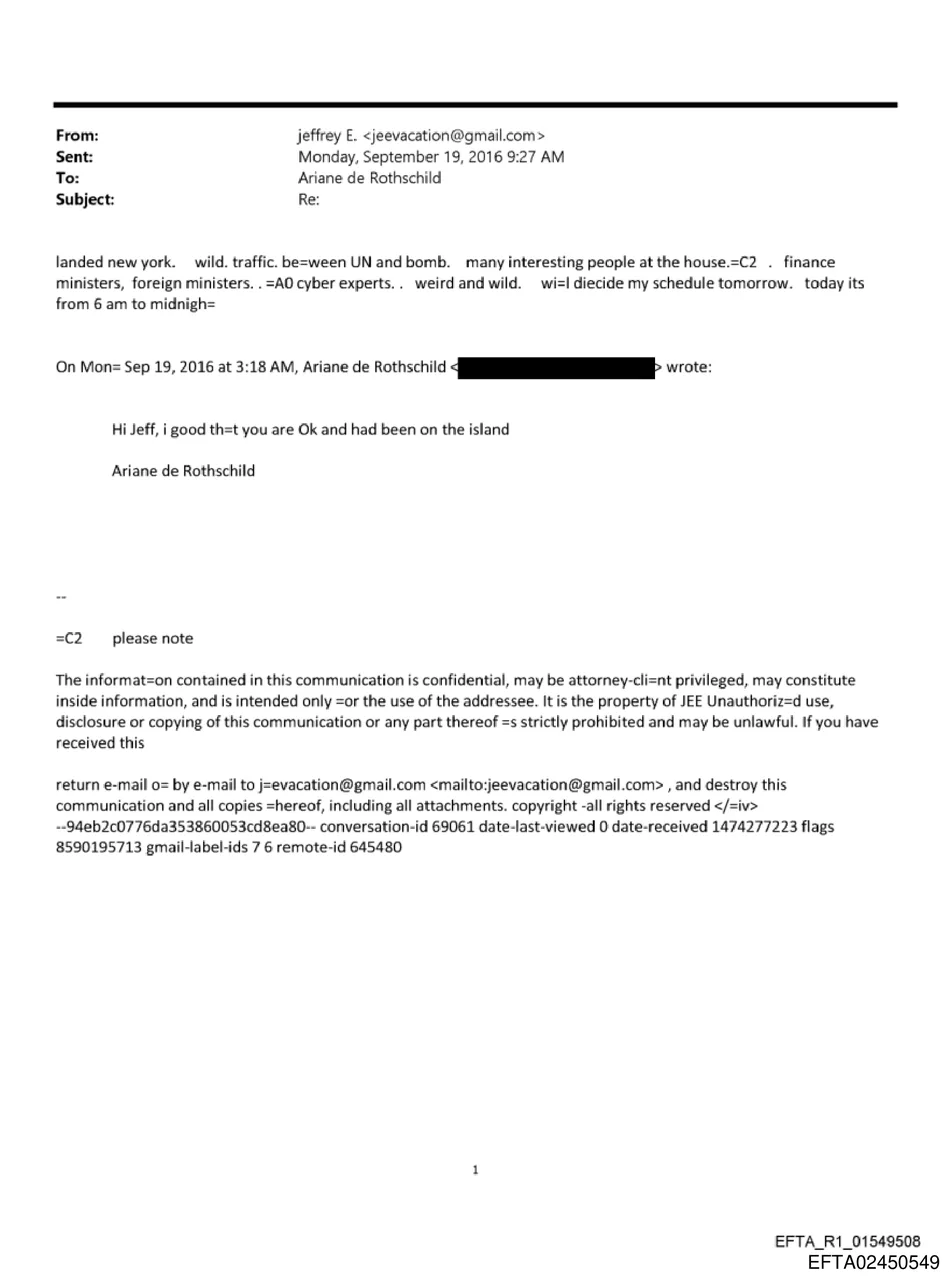 Email exchange between Jeffrey Epstein and Ariane de Rothschild referencing 'the island' and finance ministers, September 2016