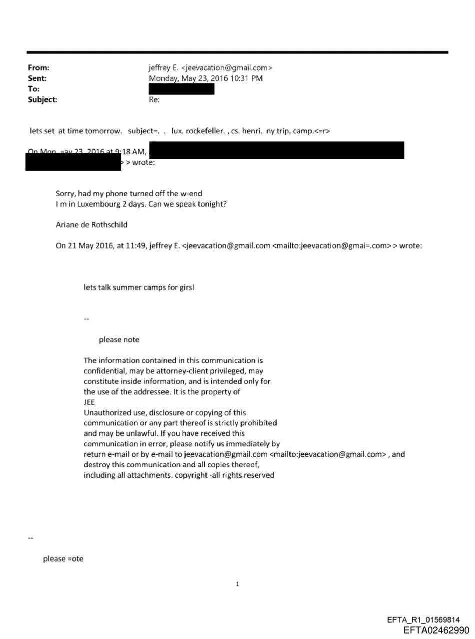 DOJ email from Jeffrey Epstein to Ariane de Rothschild reading 'lets talk summer camps for girls', May 21, 2016