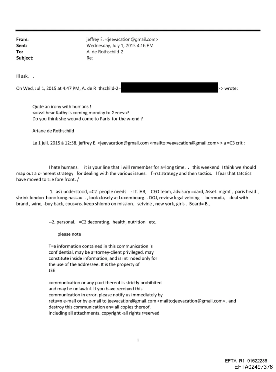 Jeffrey Epstein's comprehensive corporate strategy email to Ariane de Rothschild, July 1, 2015
