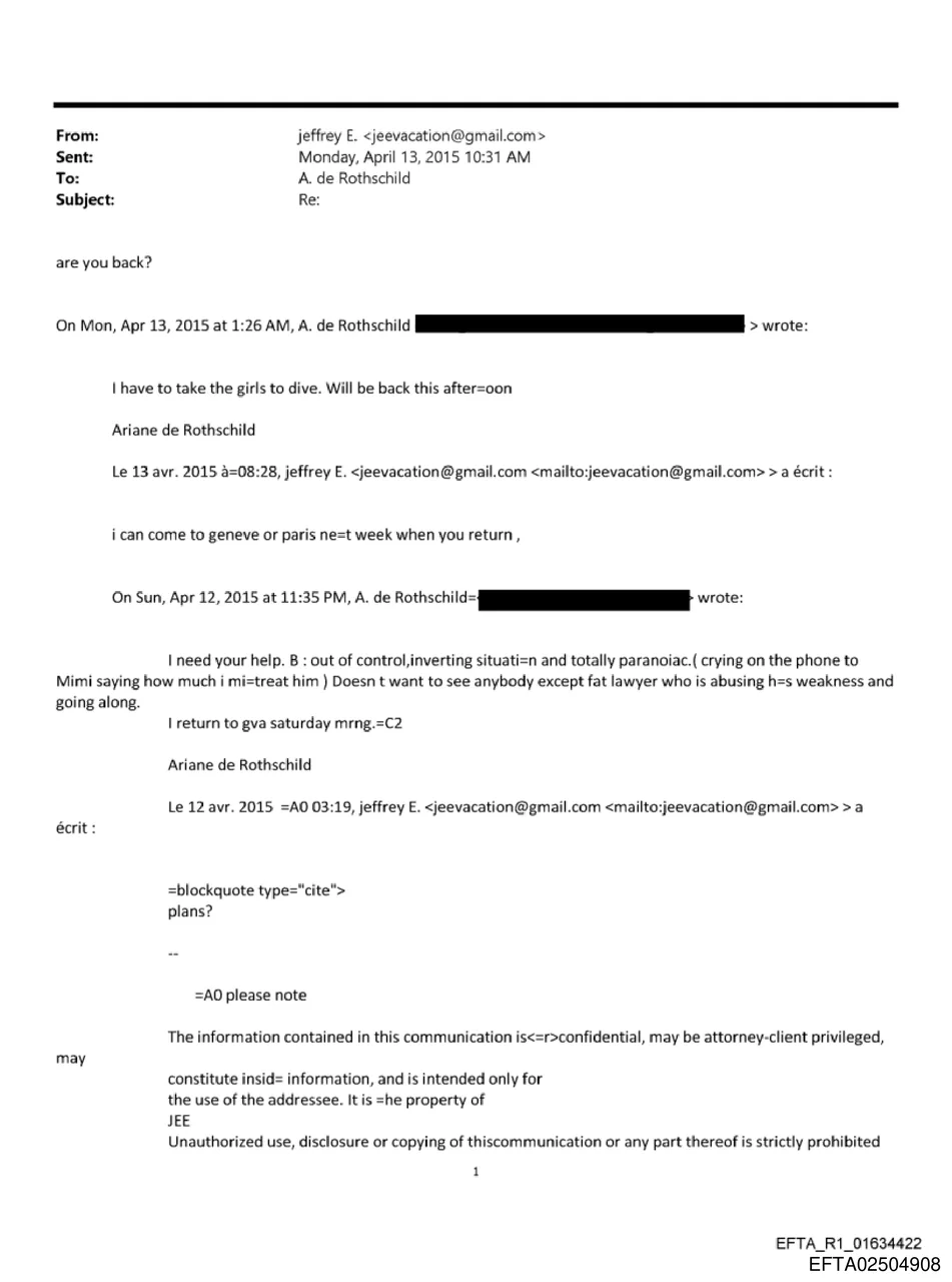 Email from Ariane de Rothschild to Jeffrey Epstein, April 2015, referencing 'taking the girls to dive'