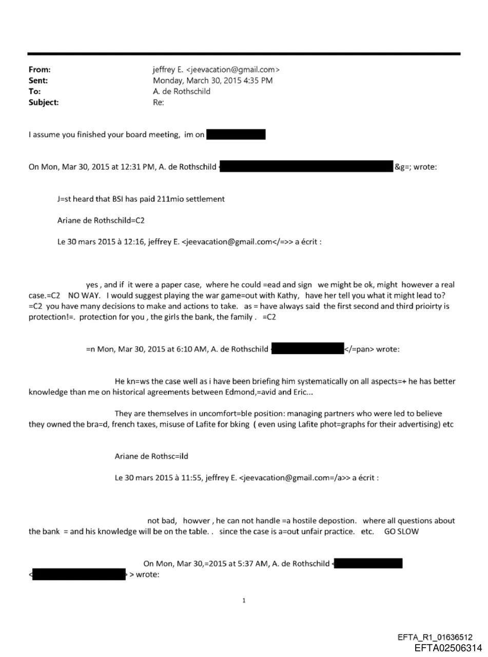 Email from Jeffrey Epstein to Ariane de Rothschild, March 30, 2015, advising on legal strategy