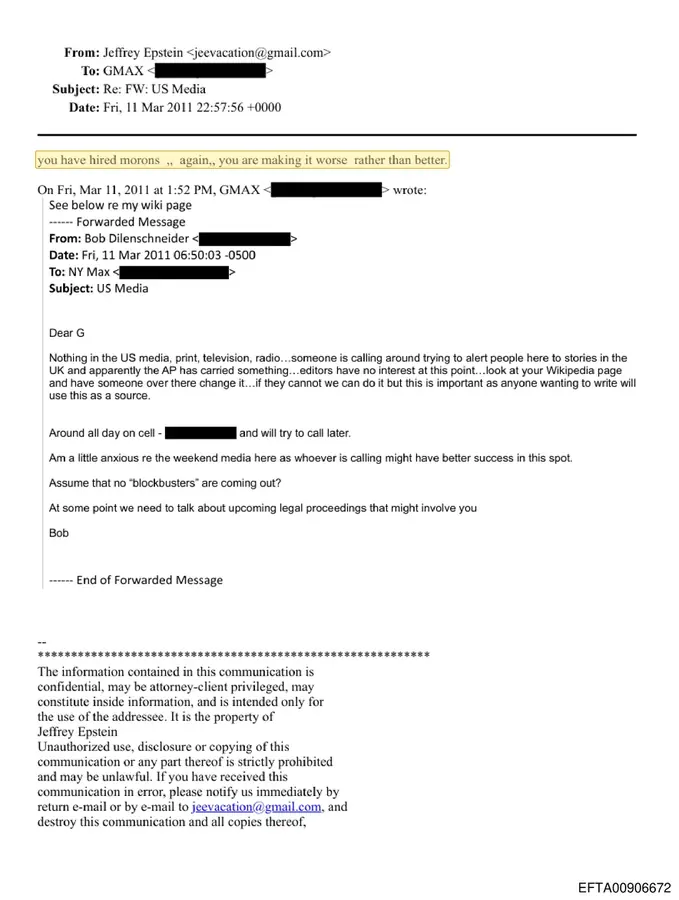 A page from the released files showing Jeffrey Epstein's 11 March 2011 email reply to Ghislaine Maxwell