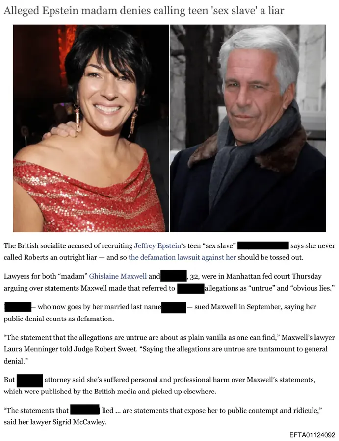 A 2017 court-coverage article page included in the released files, with the accuser's name blacked out seven times