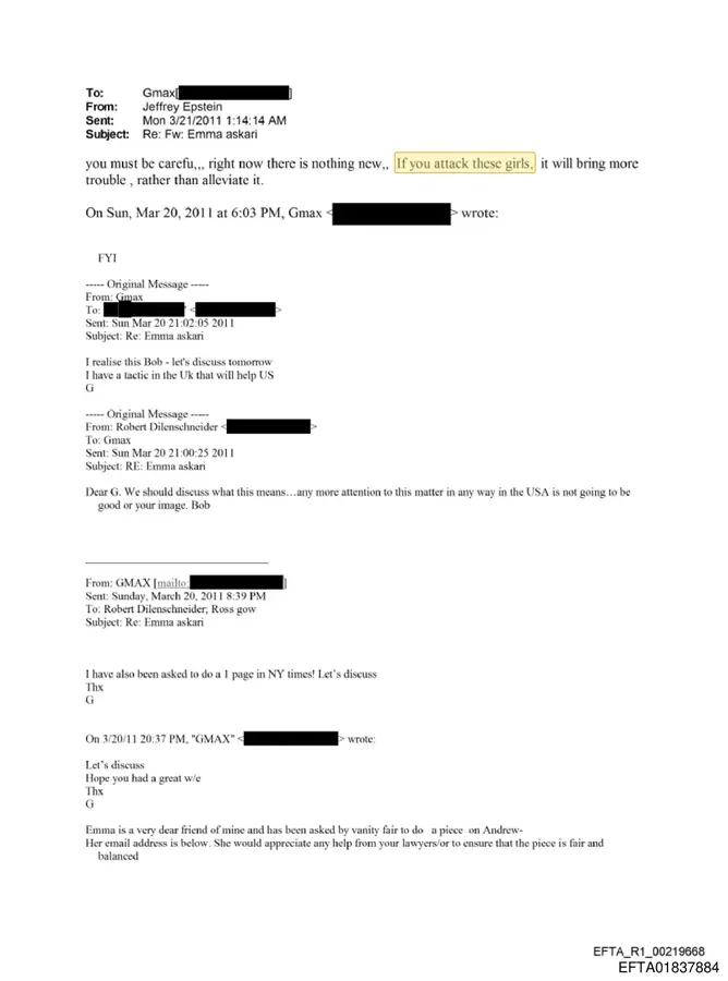 A page from the released files showing the March 2011 email chain between Ghislaine Maxwell, Robert Dilenschneider and Jeffrey Epstein