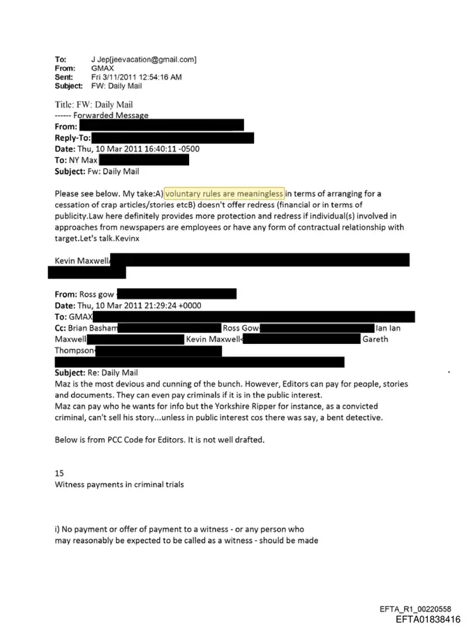A page from the released files showing Kevin Maxwell's assessment of British press rules