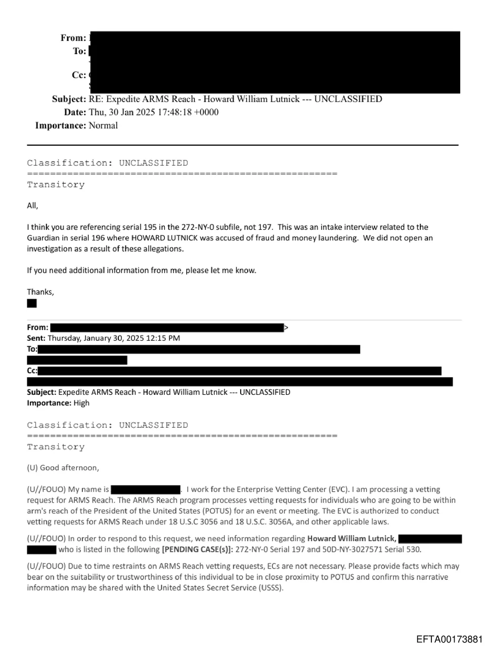 Excerpt of EFTA00173881 showing fraud and money laundering allegation language and no-investigation line