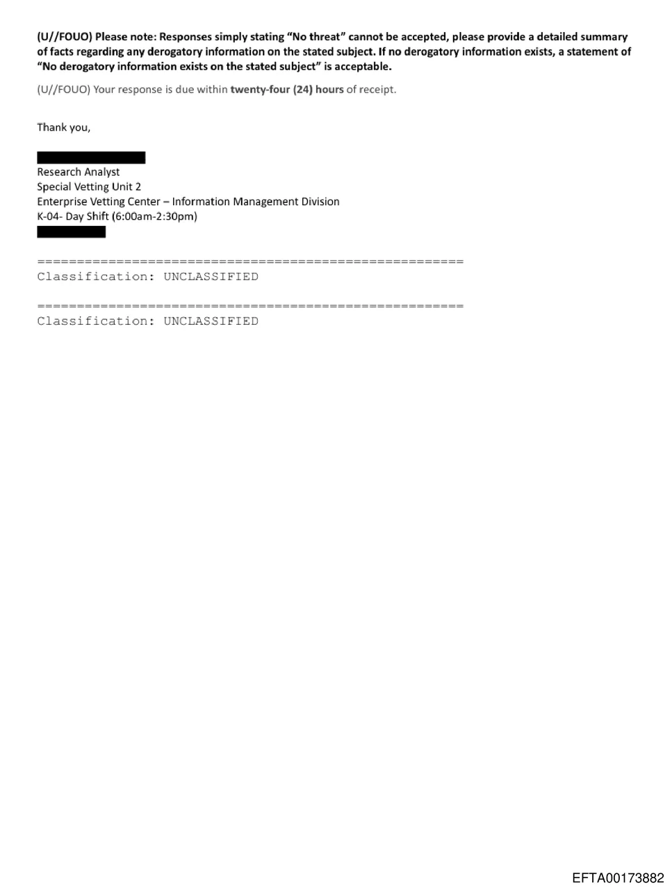 Second page of EFTA00173881 showing ARMS Reach response requirements