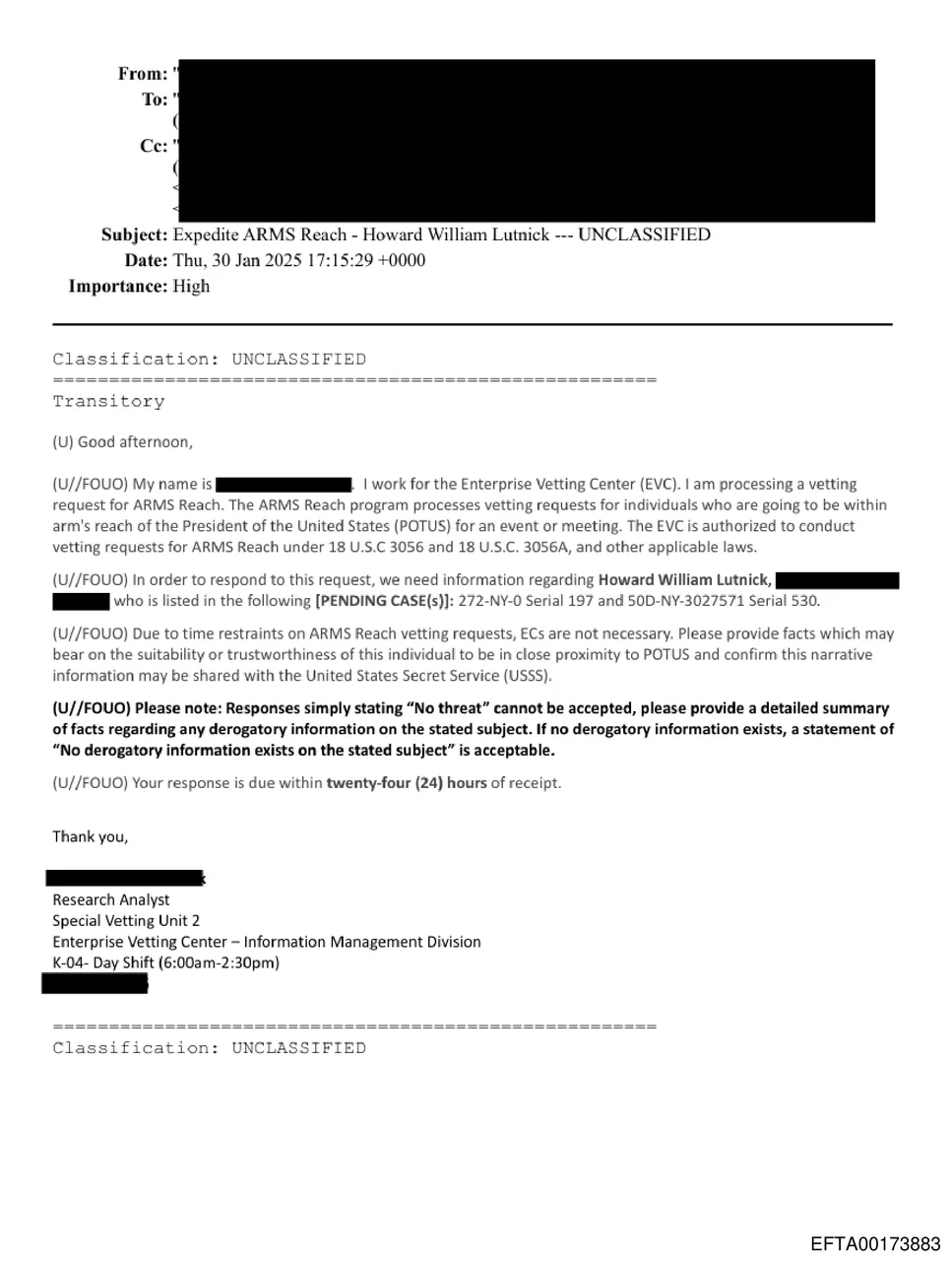 ARMS Reach request email for Howard William Lutnick showing pending case serial references