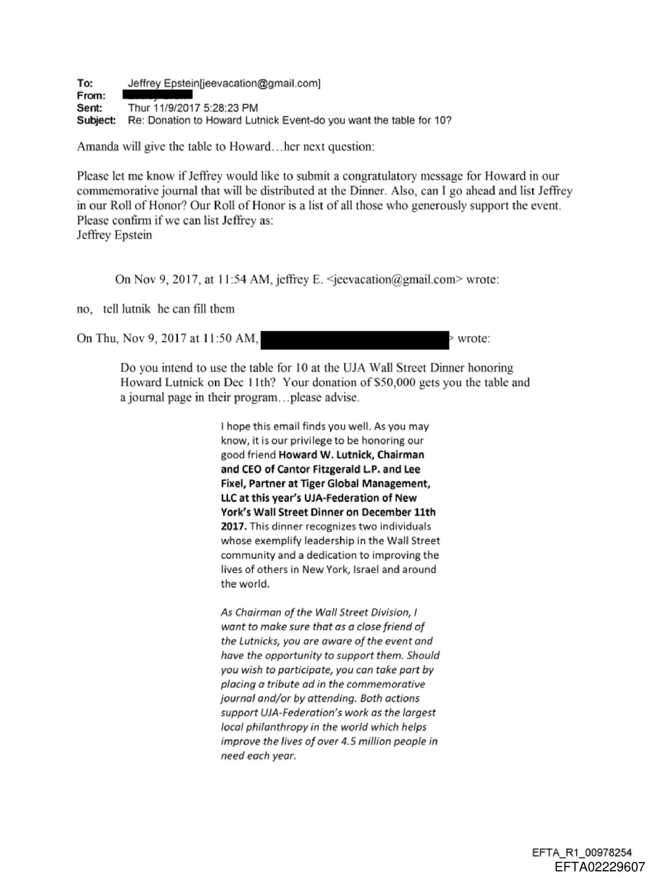 Donation email chain for UJA Wall Street Dinner honoring Howard Lutnick showing $50,000 table language