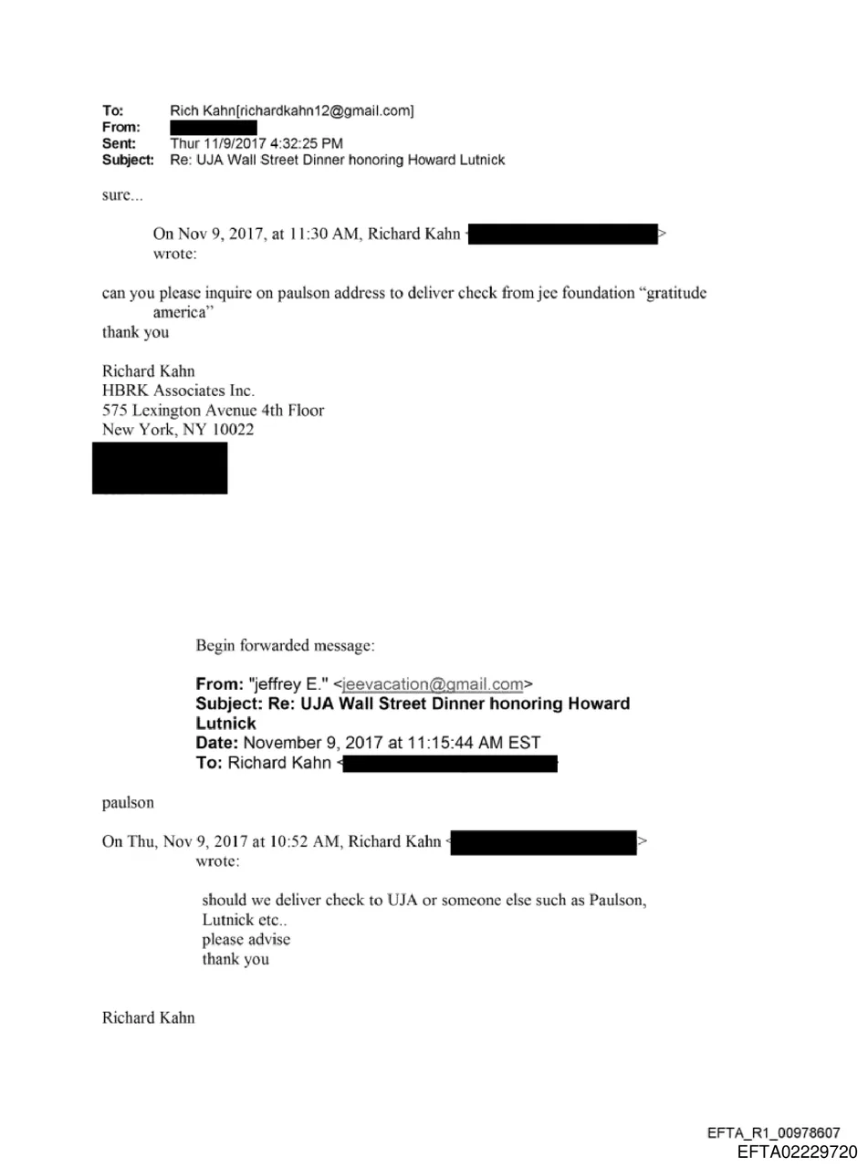 Email in the UJA Wall Street Dinner chain discussing where to deliver a check