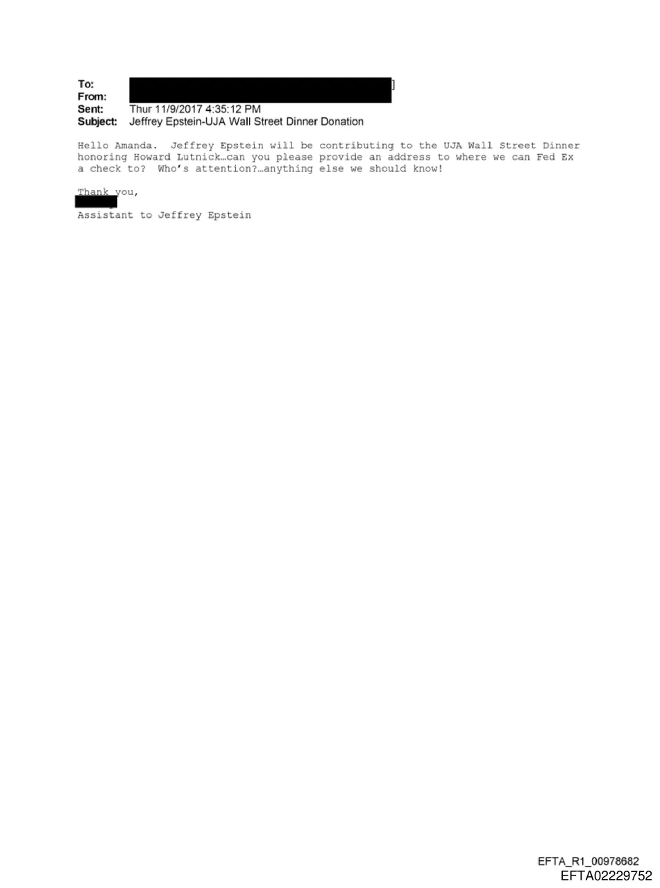 Short email with subject line 'Jeffrey Epstein-UJA Wall Street Dinner Donation'