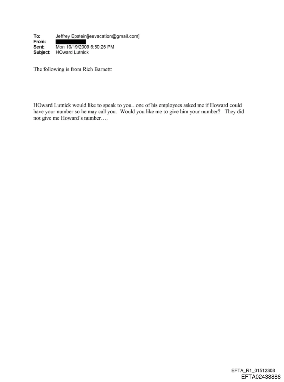 Email dated October 19, 2009 stating Howard Lutnick would like to speak with Jeffrey Epstein