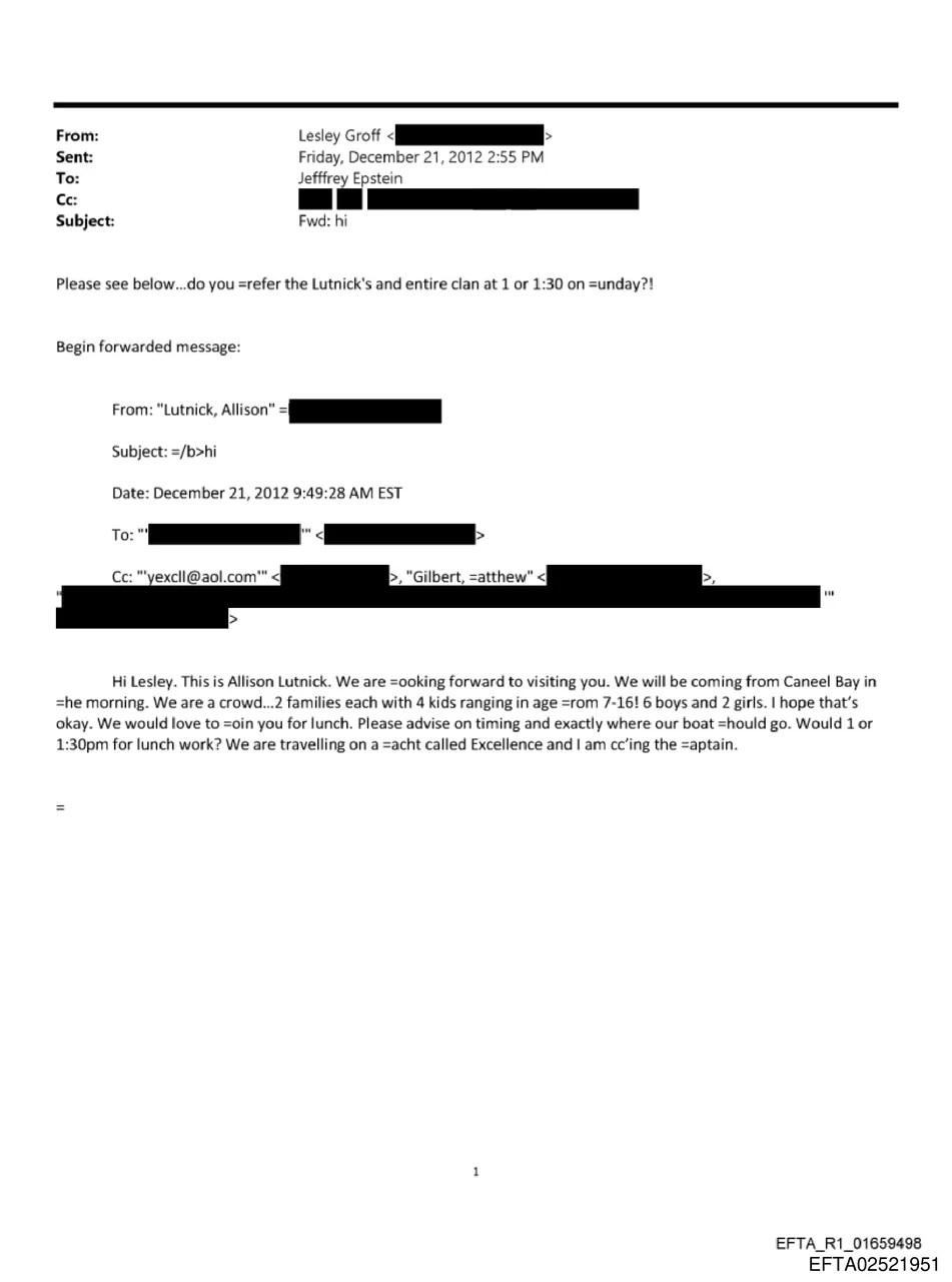 Forwarded email from Allison Lutnick discussing travel with families and children to lunch in December 2012
