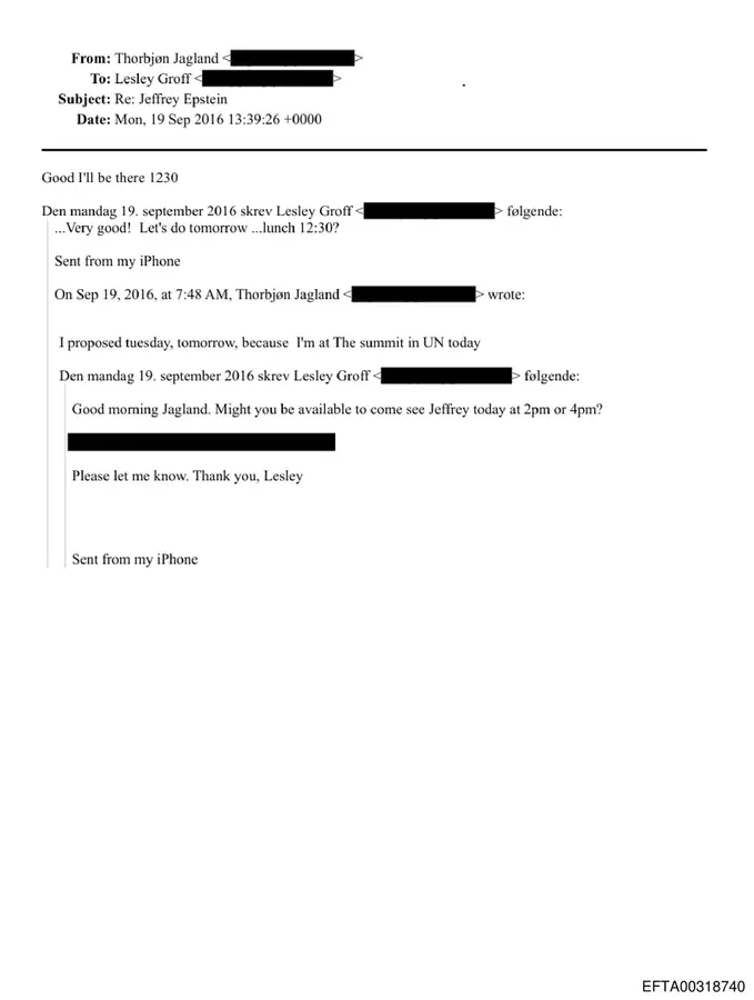 September 19, 2016 email in which Thorbjørn Jagland says he is at the UN summit and accepts lunch with Jeffrey Epstein's office the next day
