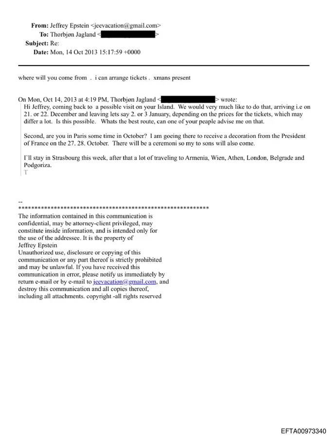 October 14, 2013 email in which Thorbjørn Jagland tells Jeffrey Epstein he would very much like to visit Epstein's island and notes that his two sons will come to a ceremony in Paris