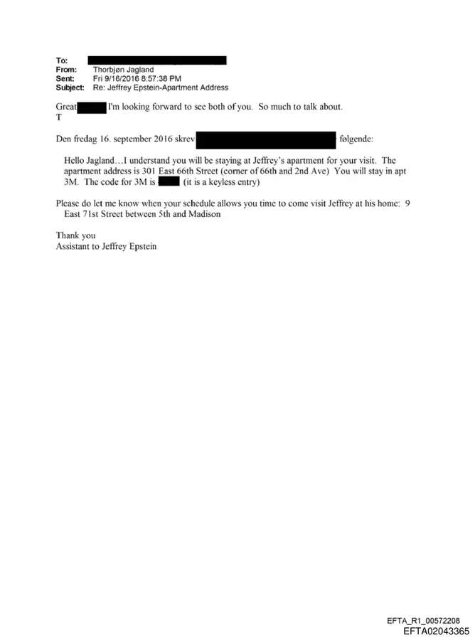 September 16, 2016 email stating that Thorbjørn Jagland will be staying at Jeffrey Epstein's apartment on East 66th Street during his visit