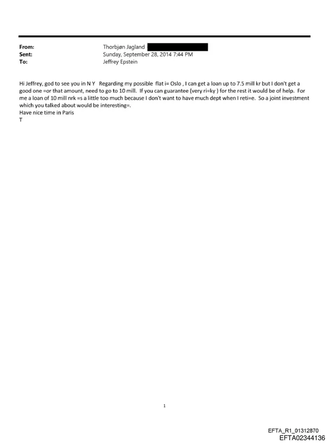September 28, 2014 email in which Thorbjørn Jagland asks Jeffrey Epstein to guarantee the rest of a 10 million kroner Oslo flat loan