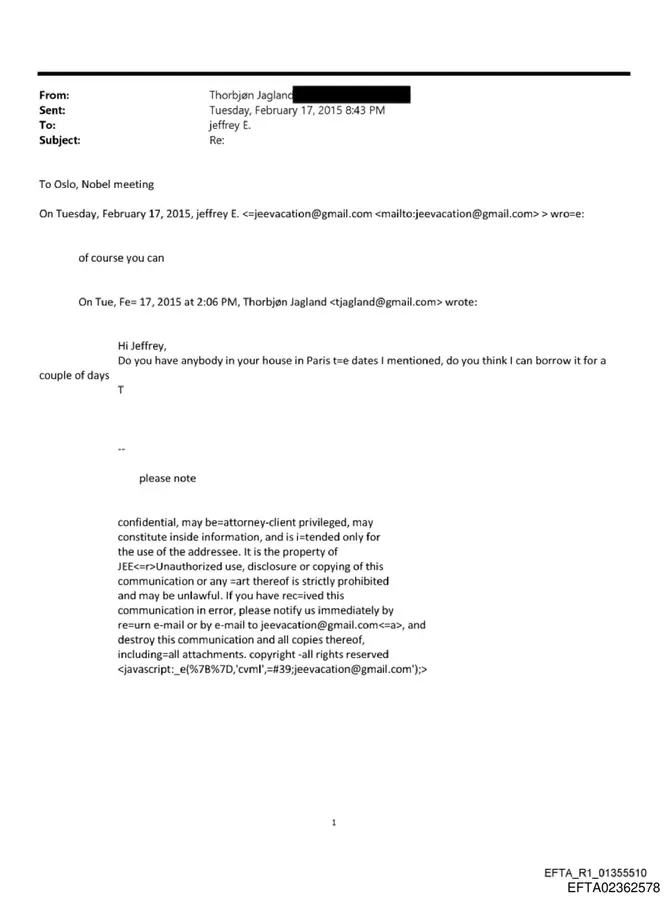 February 17, 2015 email in which Thorbjørn Jagland asks Jeffrey Epstein whether he can borrow Epstein's house in Paris for a couple of days