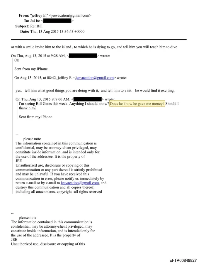 August 13, 2015 email in which Jeffrey Epstein asks Joi Ito what Bill Gates knows about money he gave