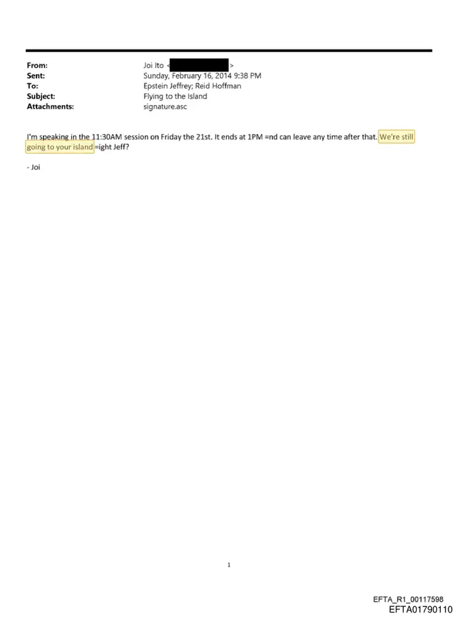 February 16, 2014 email from Joi Ito to Jeffrey Epstein, copied to Reid Hoffman, asking whether they are still going to Epstein's island