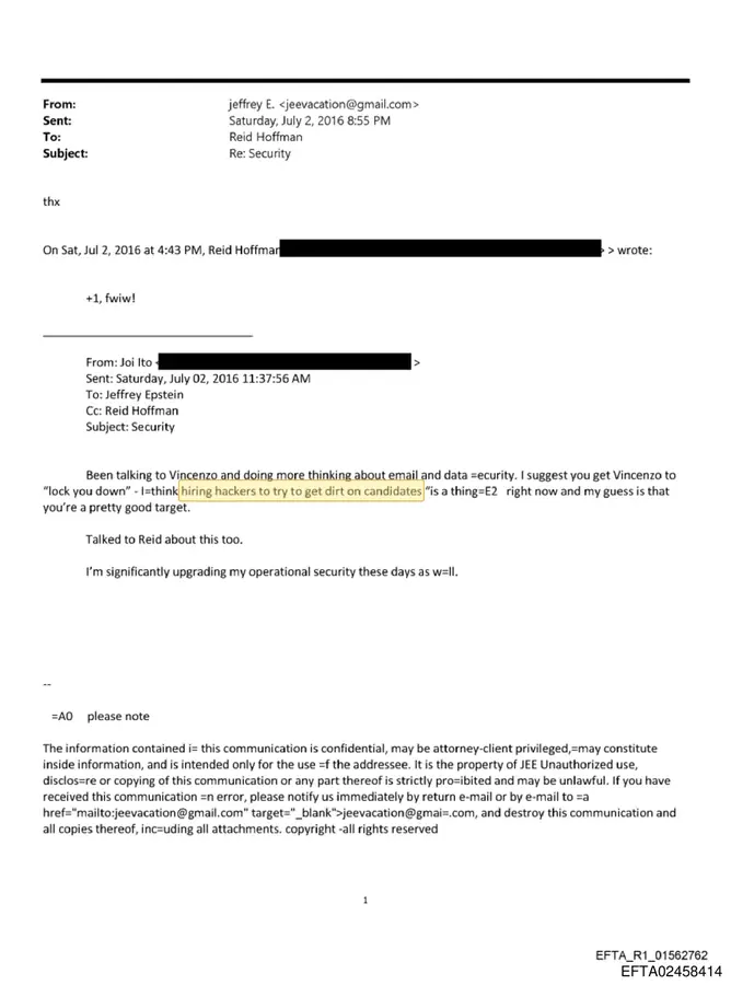 July 2, 2016 email from Joi Ito to Jeffrey Epstein, copied to Reid Hoffman, about security and hiring hackers to get dirt on candidates